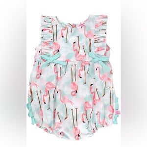 🦩Ruffle Butts Flamingo Print Romper - Pink & Aqua